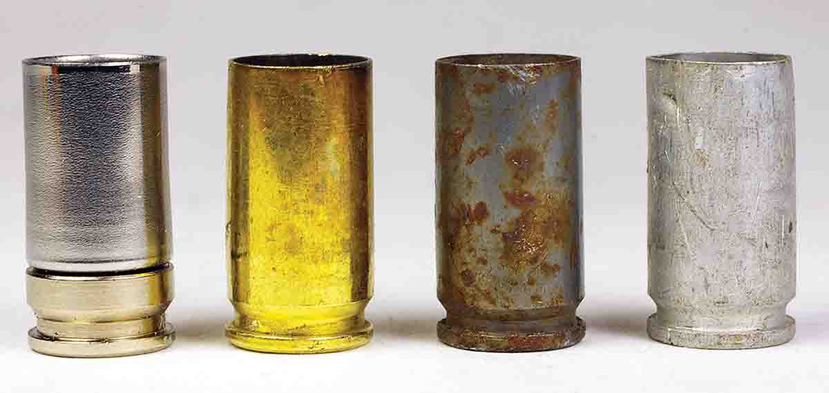 Handgun cartridge cases have traditionally been made from brass. Less expensive metals like aluminum and steel have been substituted, but they are not reloadable. Shell Shock cases are made with an aluminum head and nickel-steel body and are fully reloadable. Left to right: Shell Shock, brass, steel and aluminum 9mm Luger cases.